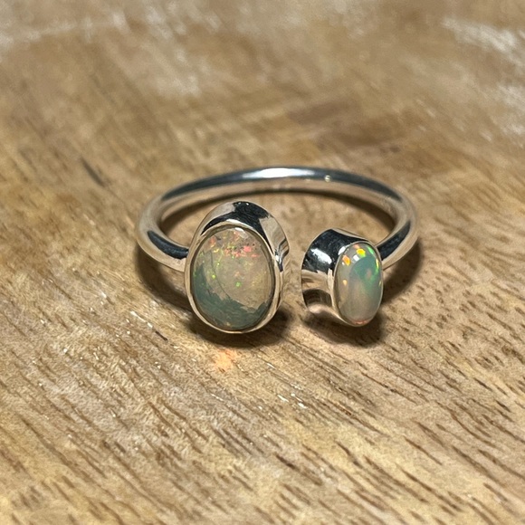 NWOT Two Stone Ethiopian Opal 925 Sterling Silver Adjustable Ring - Picture 7 of 13